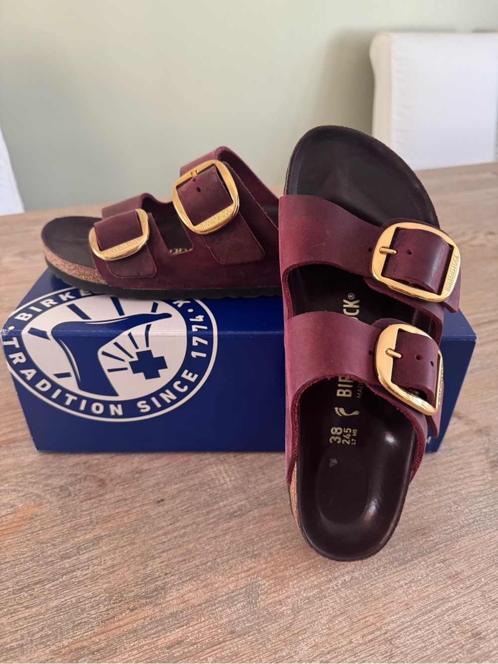 Birkenstock Men's Arizona Sandals in Burgundy with Gold Buckles